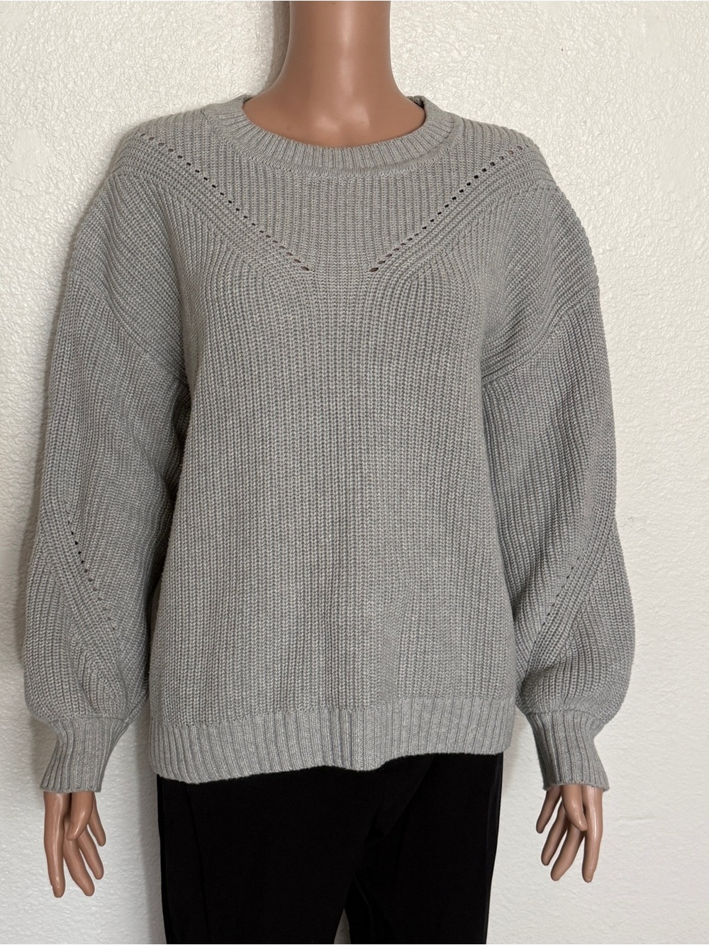 ABLE “Sarah” Light Grey Organic 100% Cotton Pointelle Ribbed Knit Sweater Large